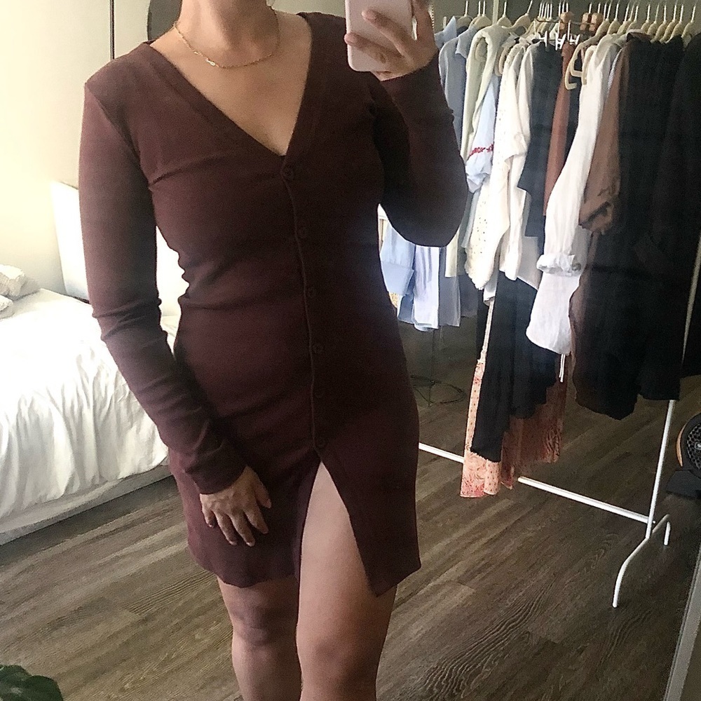 Zara Ribbed Long Sleeve Button Down Mini Dress in Brown M NWT